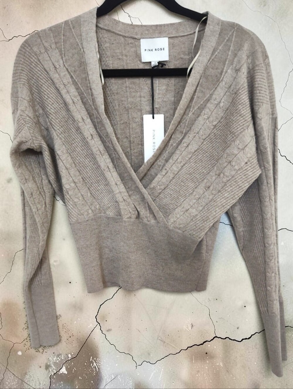NWT PINK ROSE Taupe Wrap-Style V-Neck Sweater, S